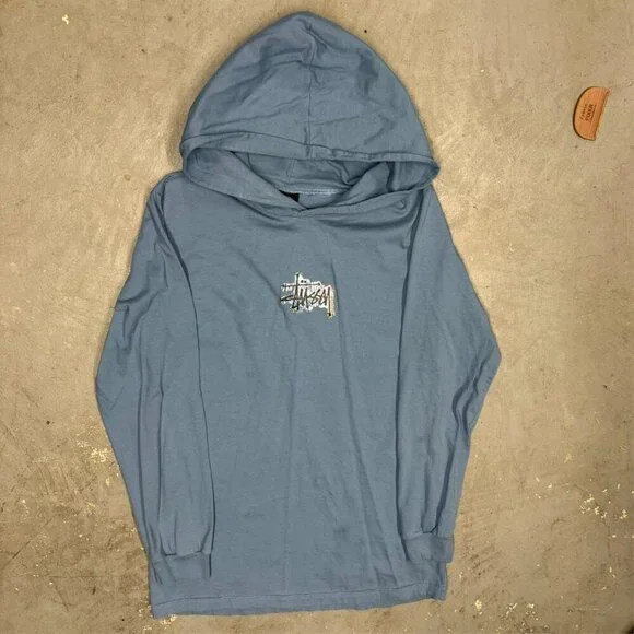 Vintage Stussy Hoodie Pullover Glitter Logo Blue Lightweight Cotton Medium - Picture 2 of 10